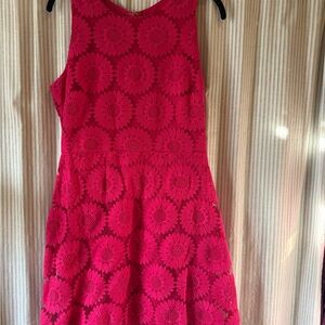 Women's Hot Pink Floral Lace Midi Dress